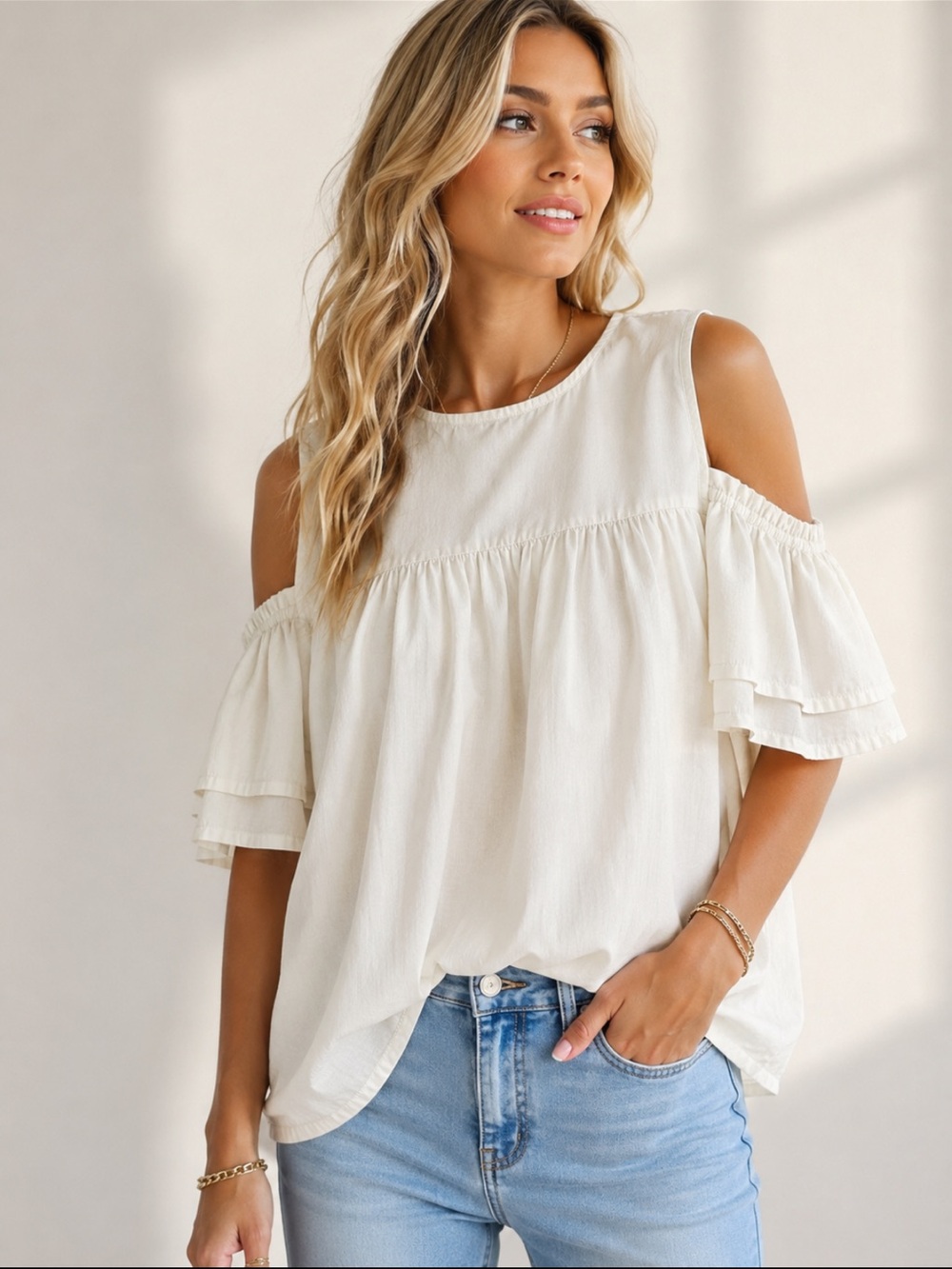 Oui Ivory Cold Shoulder Ruffle Sleeve Blouse Women’s US 12 EU 44 Cotton Blend